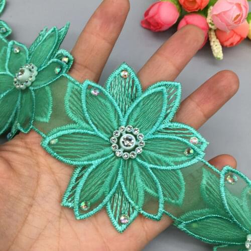 10pcs Green 7.5cm Rhinestone Beaded 3D Flower Embroidered Lace Trim Ribbon DIY Fabric Wedding Dress Garment Sewing Craft