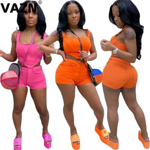 VAZN Sexy sweet 2020 summer sexy lady orange rose red solid 2-piece short set zipper fly waistcoat tops shorts set new sexy sets