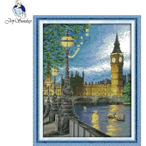 Joy Sunday DIY Cross Stitch Kits Sets Handmade Needlework Chinese Ribbon Embroidery London Bell Tower Patterns Cross-Stitching