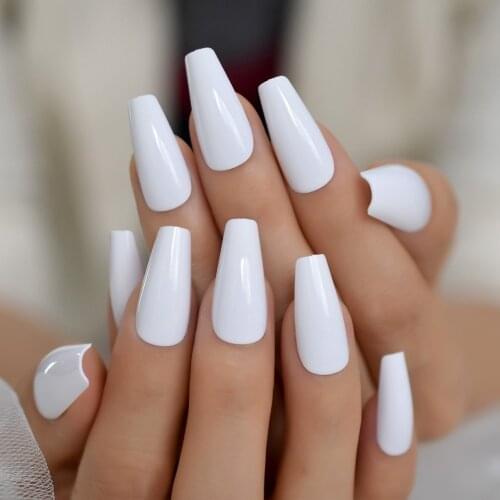 24pcs Plain White Coffin False Nail Tips Acrylic Salon Full Cover Artificial Press On Ballerina UV Fake Nails With Glue Sticker