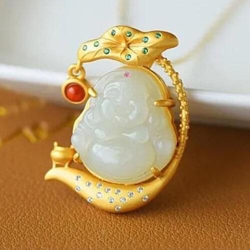 Natural Jade Hotian Jade Pendant Womens S925 Pure Silver Embeded Jade White Jade Maitreya Buddha Big Belly Smile Buddha Neck