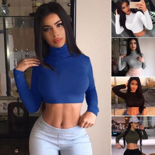 2020 New trendy Women soild Turtle Neck long sleeve Crop Top Long Sleeve Shirt Sweater T-shirt one piece