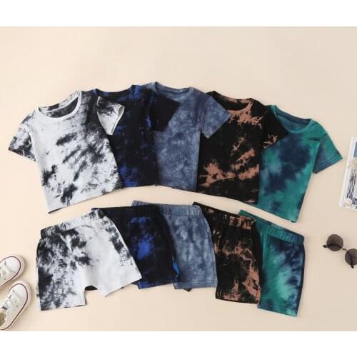 2021 Summer New Childrens Round Neck Pullover Cotton Tie-dyed Plain Short Sleeve Suit Multicolor fashion clothes girls outfits