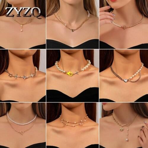 ZYZQ Sweet Imitation Pearl Stitching Necklace For Women Portrait Cross Clavicle Chain Fashion Simple Jewelry Accessories