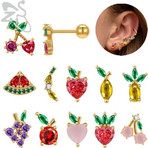 ZS 1 Pair Fruit Shape Stainless Steel Stud Earring For Women Colorful CZ Crystal Helix Cartilage Piercing Screw Back Earring 18g