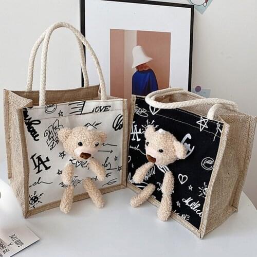 Women Vintage Letters Printing Top-handle Bag Leisure All-match Cotton and Linen Cartoon Bear Handbag Protable Festival Gift Bag