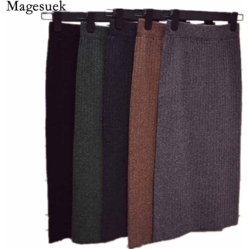 Mid-length Thick Knitted H-Line Bottoming Hip Skirt 2020 Autumn and Winter New Elegant Bottom Split Solid Woolen Skirt 12023
