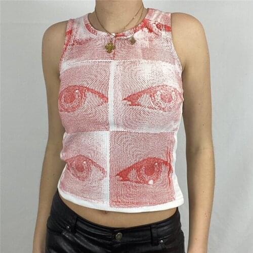 Womens Causal Crop Tops Round Neck Vest Personality Eyes Printing Exposed Navel Sleeveless Casual Tank Vest Tops Camis 2021
