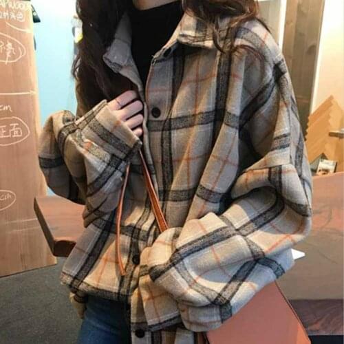 2020 Spring Women Shirt Loose Style Shirt Women Casual Shirt Ladies Women Tops Plaid Woollen Cloth Shirt Streetwear