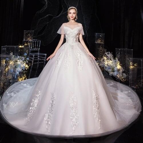 Vestido De Noiva 2021 New Elegant Lace Embroidewry Wedding Gown With Train Luxury Wedding Dress Robe De Mariee