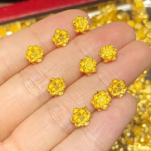 Fine Jewelry Real 24K Yellow Gold Pendant 3D Mini Lotus Flower Shaped Bead 0.1-0.2g (Only One Piece) Best Gift