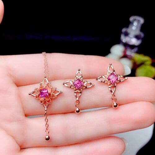 Beautiful garnet gemstone earrings and necklace jewelry set real 925 silver natural gem girl birthday gift square gem