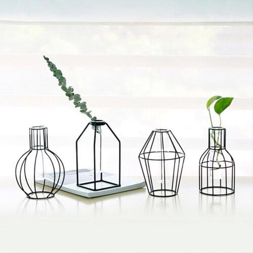 Iron Planter Test Tube Transparent Glass Hydroponic Geometric Flower Vase Stand Home Decoration Ornament