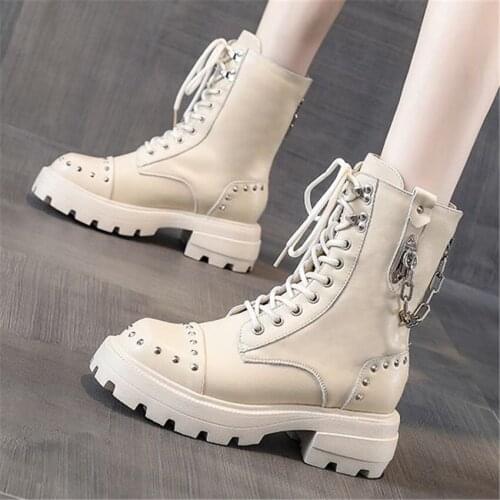 Military Punk Goth Oxfords Women Spike Studded Genuine Leather Platform Ankle Boots Chain Creeper Shoes 34 35 36 37 38 39