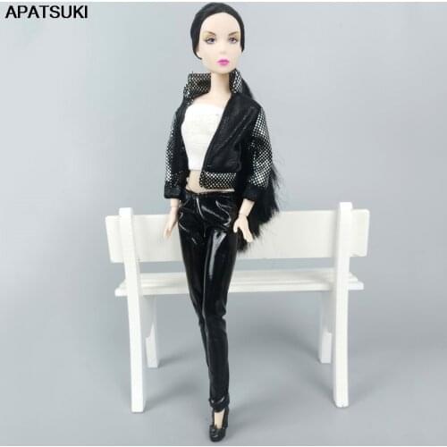 1Set Fashion Outfits For Barbie Doll Black Leather Coat Pants Short Top Handmade Clothes For Barbie Dollhouse 1/6 Accessories