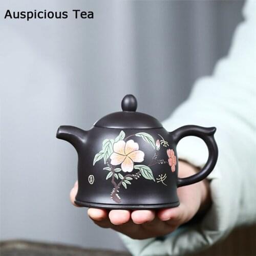180ml Yixing Purple Clay Teapots Handmade Flowers Pattern Tea Pot Raw Ore Black Mud Beauty Kettle Chinese Zisha Tea Set Gifts