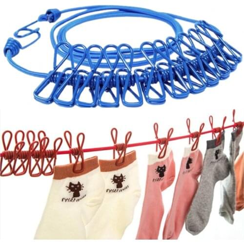 180cm Multifunction Drying Rack Clothes Line with 12 Clips Cloth Hangers Steel Clothes Line Pegs Portable Travel Clothesline