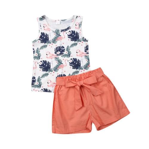 2PCS Kids Baby Girl Floral Outfits Summer Sleeveless T-shirt Tops+Knot Shorts Toddler Children Holiday Sunsuit Clothes Set