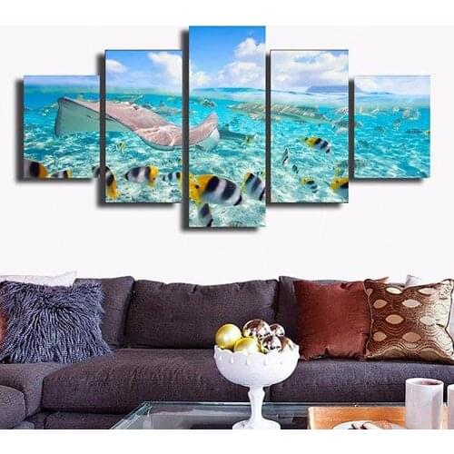 5 Pieces Wall Art Canvas Painting Seascape Animal Poster Blue Sky Colored Fish Nordic Living Room Bedroom Decoration Home