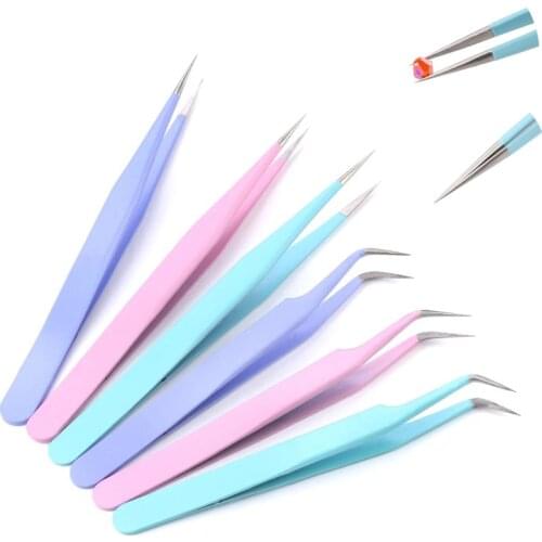 1Set Straight Elbow Nail Art Acrylic Picking Tool Decoration 3 Colors Precision False Eyelashes Tweezers Professional Hand Clip