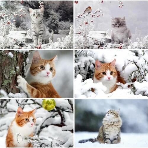 5D DIY Diamond Painting Cat Winter Snow Landscape Embroidery Diamond Mosaic Animal Picture Rhinestones Handmade Gift Wall Mural