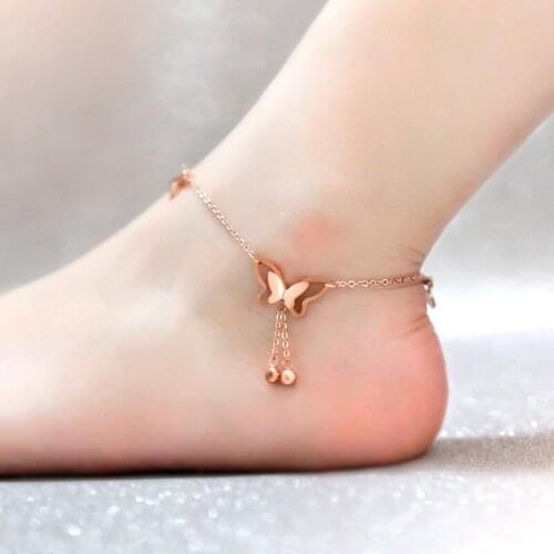 YUN RUO Rose Gold Color Butterfly Tassel Crystal Anklet Titanium Steel Fashion Jewelry Birthday Gift Free Shipping Never Fade