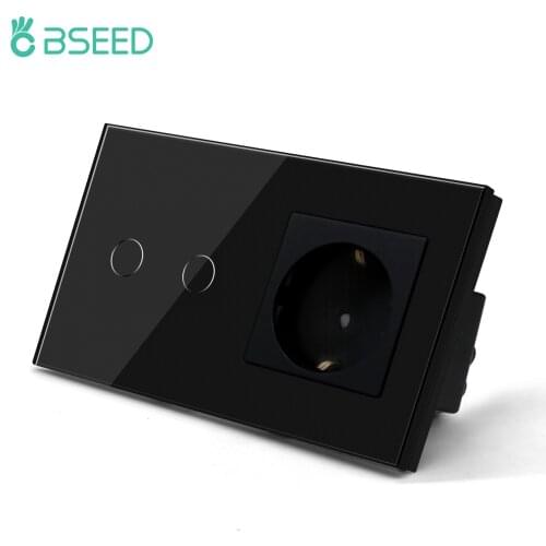 BSEED Touch Light Switch Socket 2Gang Glass Wall Touch Screen Switch Power Outlet Max.300W/Gang Led Switch Wall Socket Backlight