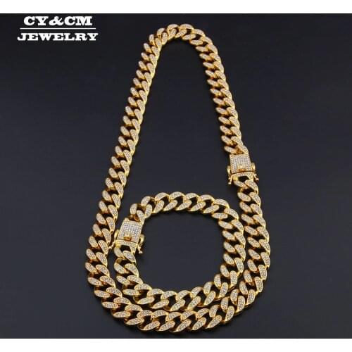 Heavy Miami Cuban Link Chain Bracelet Necklace Set Gold Silver Plated Choker Mens Hip hop Full Rhinestones Women Punk Necklaces