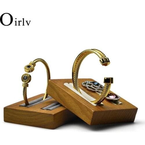 Oirlv Solid Wood Ring Bangle Display Stand Jewelry Holder with Beige /Dark Grey Microfiber 2 Rows Jewelry Organizer Showcase