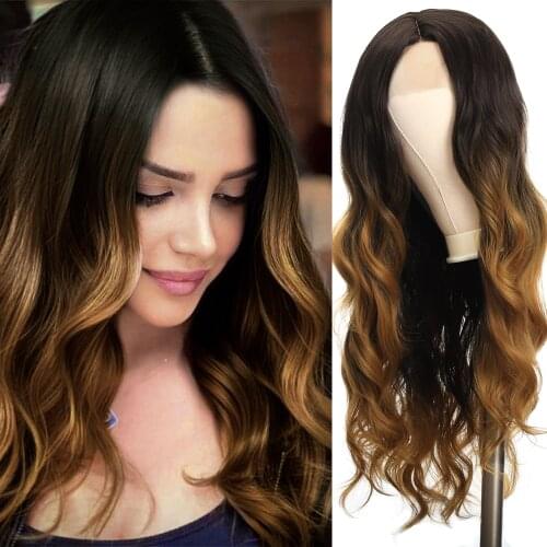 Long Wavy Ombre Black Synthetic Wigs Front Lace Middle-part Black Blonde Wigs for Women Cosplay Party Heat Resistant Fiber