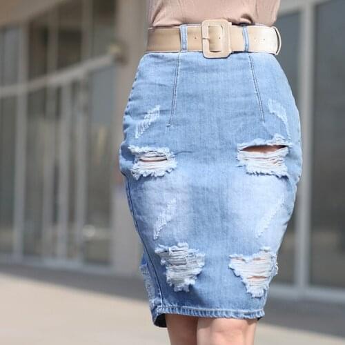 Boyfriend Jeans Skirt Women Ripped Hole Denim Pencil Skirt Female Vintage High waist Jeans Skirts