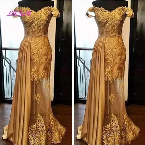 Elegant Off the Shoulder Mermaid Long Evening Dresses Gold Beaded Lace Appliques Saudi Arabic Formal Prom Party Dress
