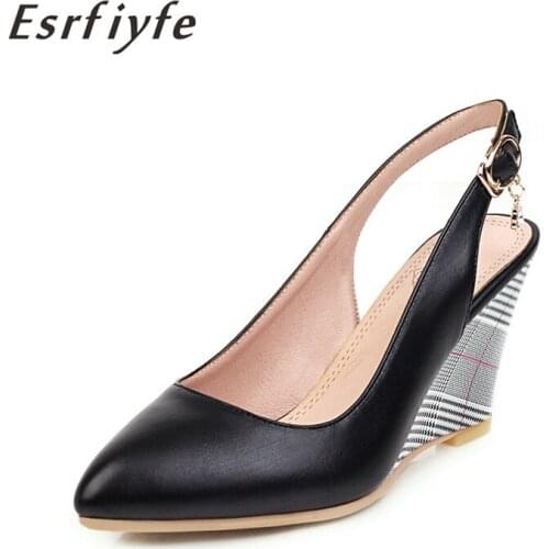 ESRFIYFE 2020 New Women Pumps Wedge Heels Female Shoes Pointed Toe High Heels Party Shoes Back Buckle Spring Summer Size 34-43
