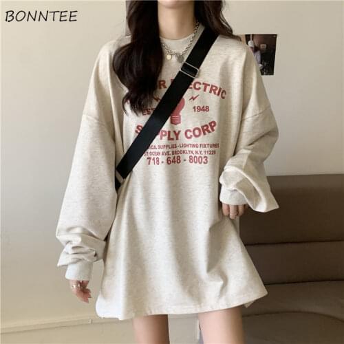 Long Sleeve T-shirts Womens Students Letter Printed Harajuku Retro All-match Trendy Simple Casual Plus Size Loose Bf Korean Tops