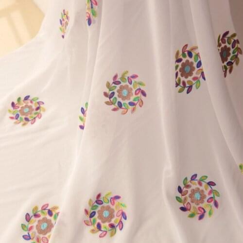 Quality Chiffon tissu Color embroidery on white background fabric Garment dress handmade DIY chiffon fabric