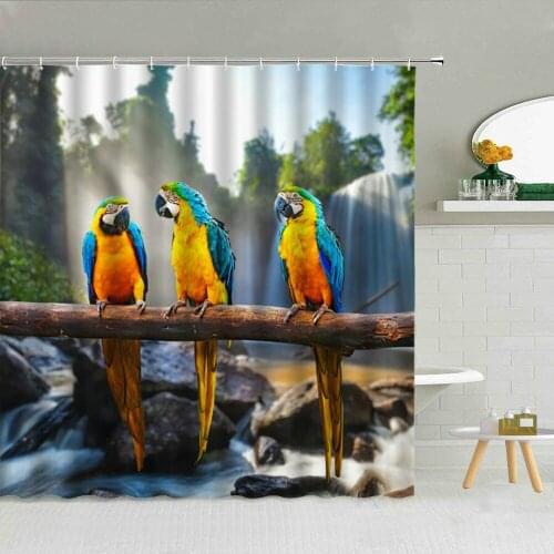 Colorful Parrot Shower Curtain Tropical Mountain forest waterfall bird pattern Spring Scenery Bathroom Curtains Set Home Decor