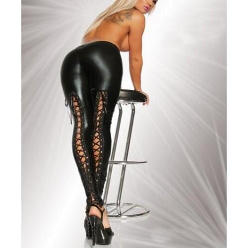 50pcs/lot fedex fast punk style woman faux leather legging female lace up elastic black legging free size