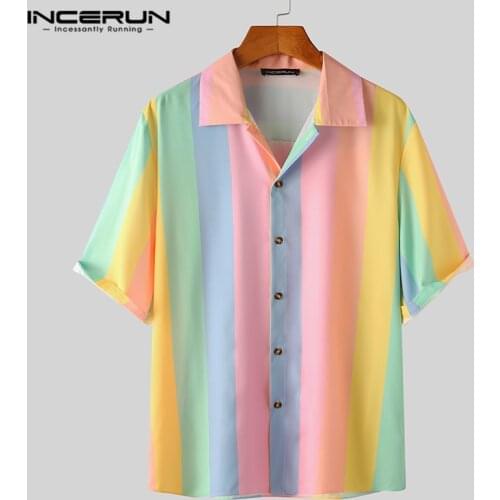 INCERUN Summer Men Shirt Colorful Striped Short Sleeve Lapel Button Blouse 2021 Fashion Streetwear Casual Hawaiian Shirts S-5XL