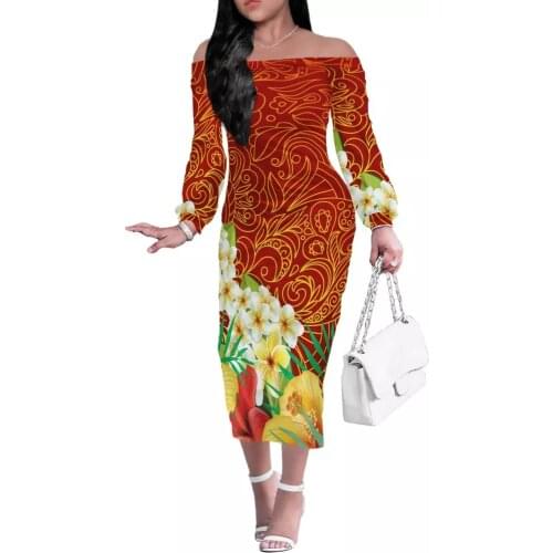 HYCOOL Wholesale Women Off The Shoulder Cut Out Dress Women Dresses Sexy Hawaii Polynesian Hibiscus Party Maxi Dress Women Long