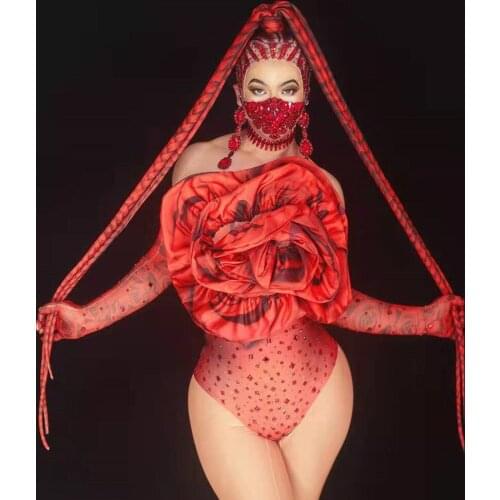 Sexy Red Rose Rhinestone Bodysuit Women Off Shoulder Party Crystal Jumpsuit Ladies Nightclub Jazz Dancer Leotard Stage Outfits