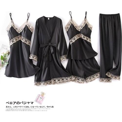 Sexy 5PCS Sleepwear Women Kimono Bathrobe Gown Casual Lace Patchwork Nightwear Silky Intimate Lingerie Nightgown Homewear