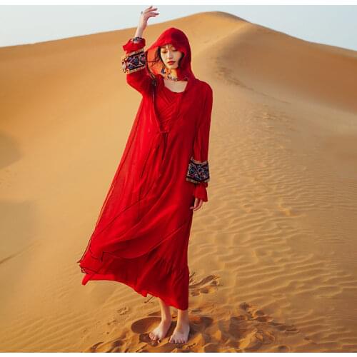 2021 Spring Summer New Ethnic Style Womens Hooded Cardigan Jacket Embroider Long Thin Red Sunscreen Shirt Female aq450