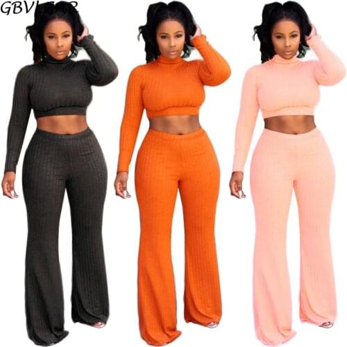 Casual Turtleneck Long Sleeve Crop Top Wide Leg Pants Elastic Waist Suit Outfits Women Two Piece Set Sweater Top And Pants Set