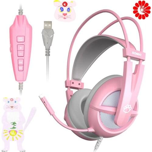Wired PINK cute Gaming Headset 7.1 Surround-Sound Stereo Noise Cancelling USB Headsets for game PC laptop
