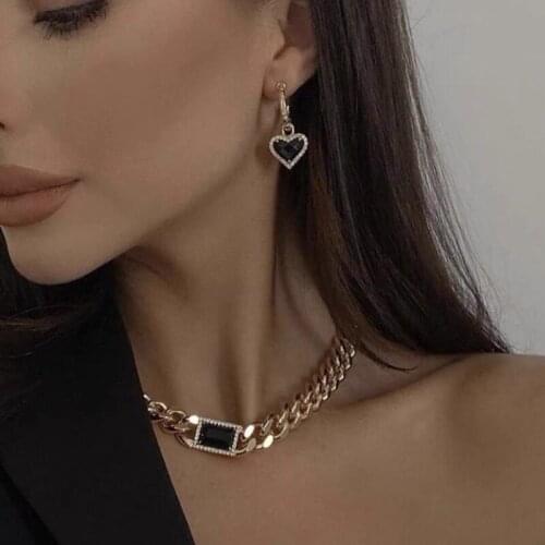 Luxury Jewelry For Women Aesthetic Black Zircon Crystal Heart Stud Earring Pendant Aros Korean Fashion Charm Lady Gift Jewelry