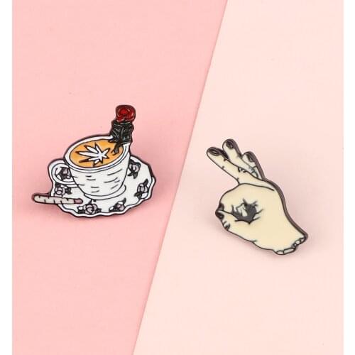 Rose Coffee Enamel Pin Funny Middle Finger OK Brooches Coffee Cup Lapel Pin Backpack Badge Cartoon Fun Jewelry Gifts For Friends