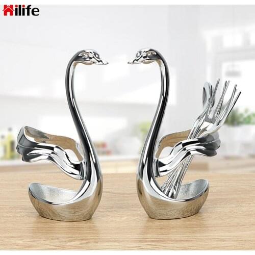 Zinc Alloy Tableware Salad Dessert Forks Spoon Coffee Cake Tools Swan Base Holder with 3 Forks & 3 ladles Fruit Forks Set