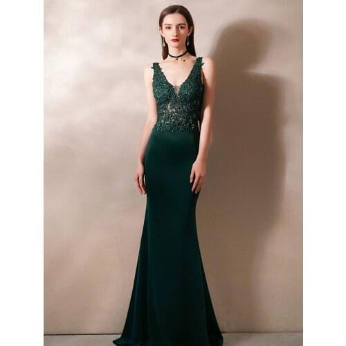 Dark Green Evening Dresses Mermaid Appliques Lace Beaded Crystal Satin V-Neck Ceremony Formal Party Guests Celebrity Prom Gowns