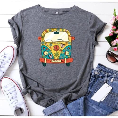 Summer Cotton Women T Shirt Plus Size S-5XL Cartoon Bus Print Short Sleeve O Neck Casual Graphic TShirts Fashion Woman Tees Tops