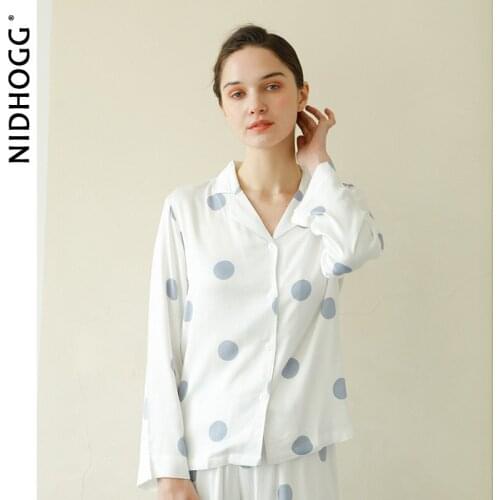 2020 New Blue Polka Dot Printing Pajamas Women Long Sleeve Satin Pyjamas Simple Casual Loose-Fit Sleepwear Home Two Piece